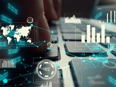 Creative visual of business big data and finance analysis on computer showing concept of statistical investment decision making methodology, fintech and financial engineering .