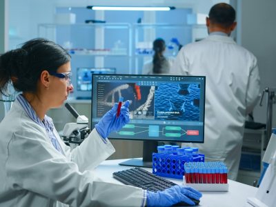 Group of scientists wearing lab coat working in laboratory while examining biochemistry sample in test tube and scientific instruments. Science technology research and development study concept