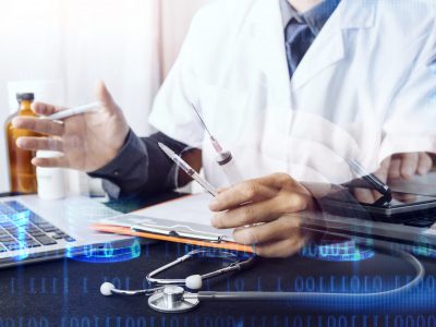 Double exposure of technology healthcare And Medicine concept. Doctors using digital tablet and modern virtual screen interface icons panoramic banner, blurred background.